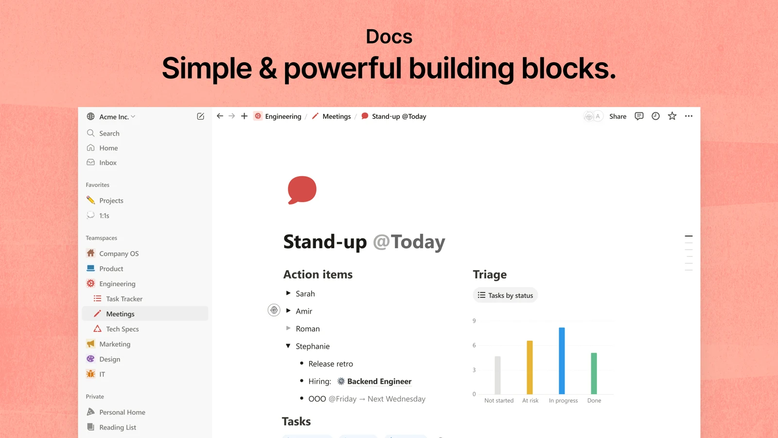 Notion Stand-up page with nested action items per person, a triage task chart by status and a Tasks section