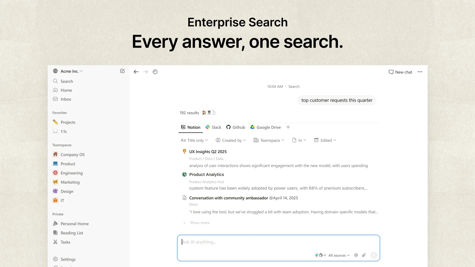 Notion search results for top customer requests, with filters for Notion, Slack, GitHub and Google Drive sources