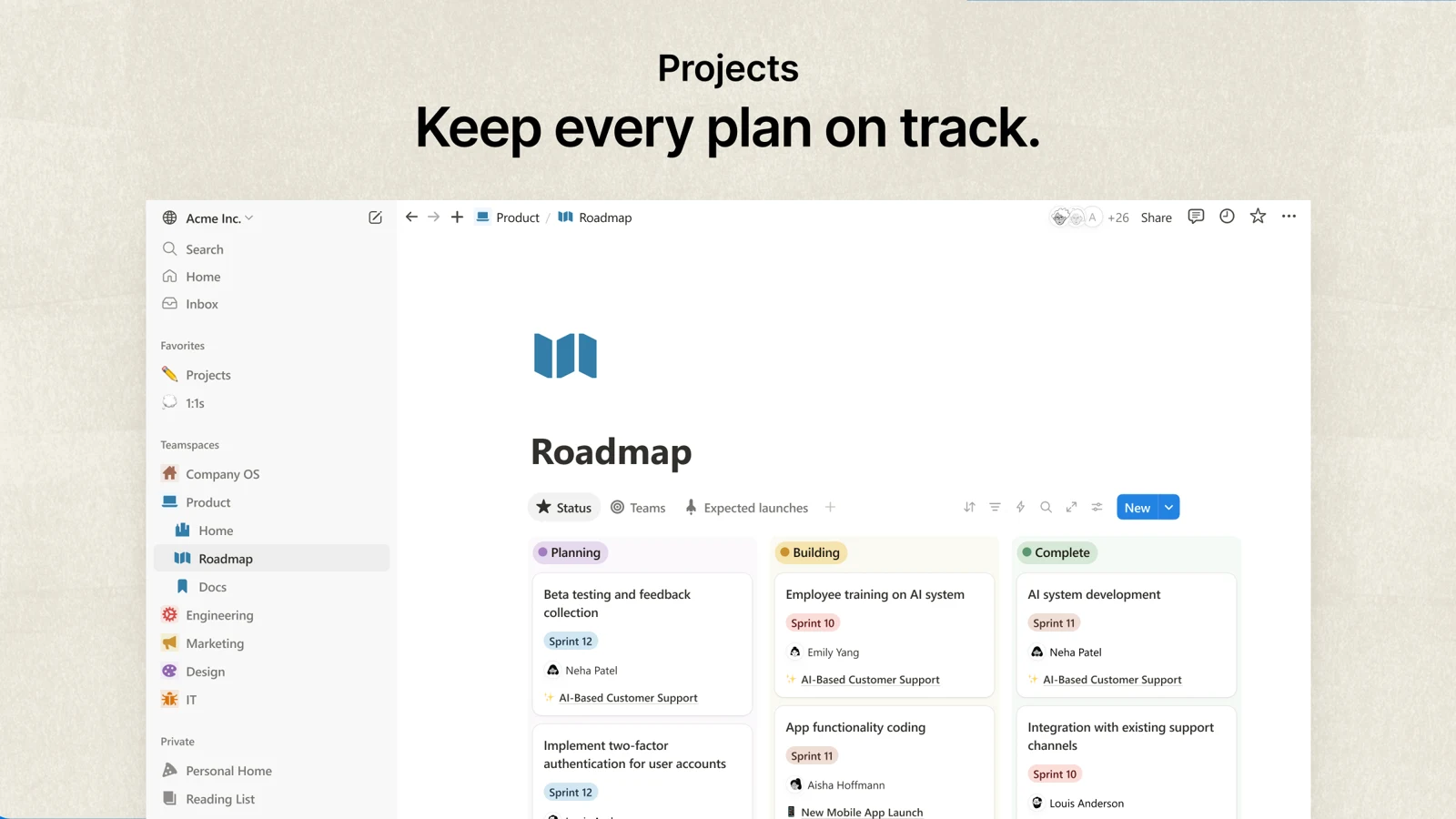 Notion Roadmap board with Planning, Building and Complete columns, each card showing a sprint tag and an assignee