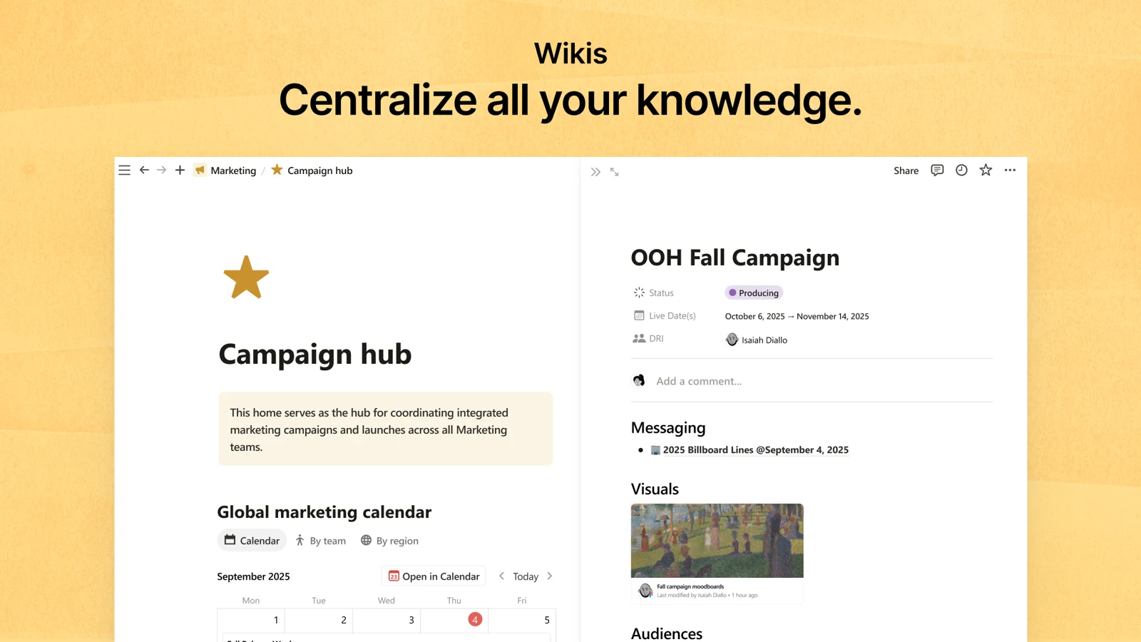 Notion Campaign hub wiki page with a marketing calendar, and an open campaign page showing status, dates and owner