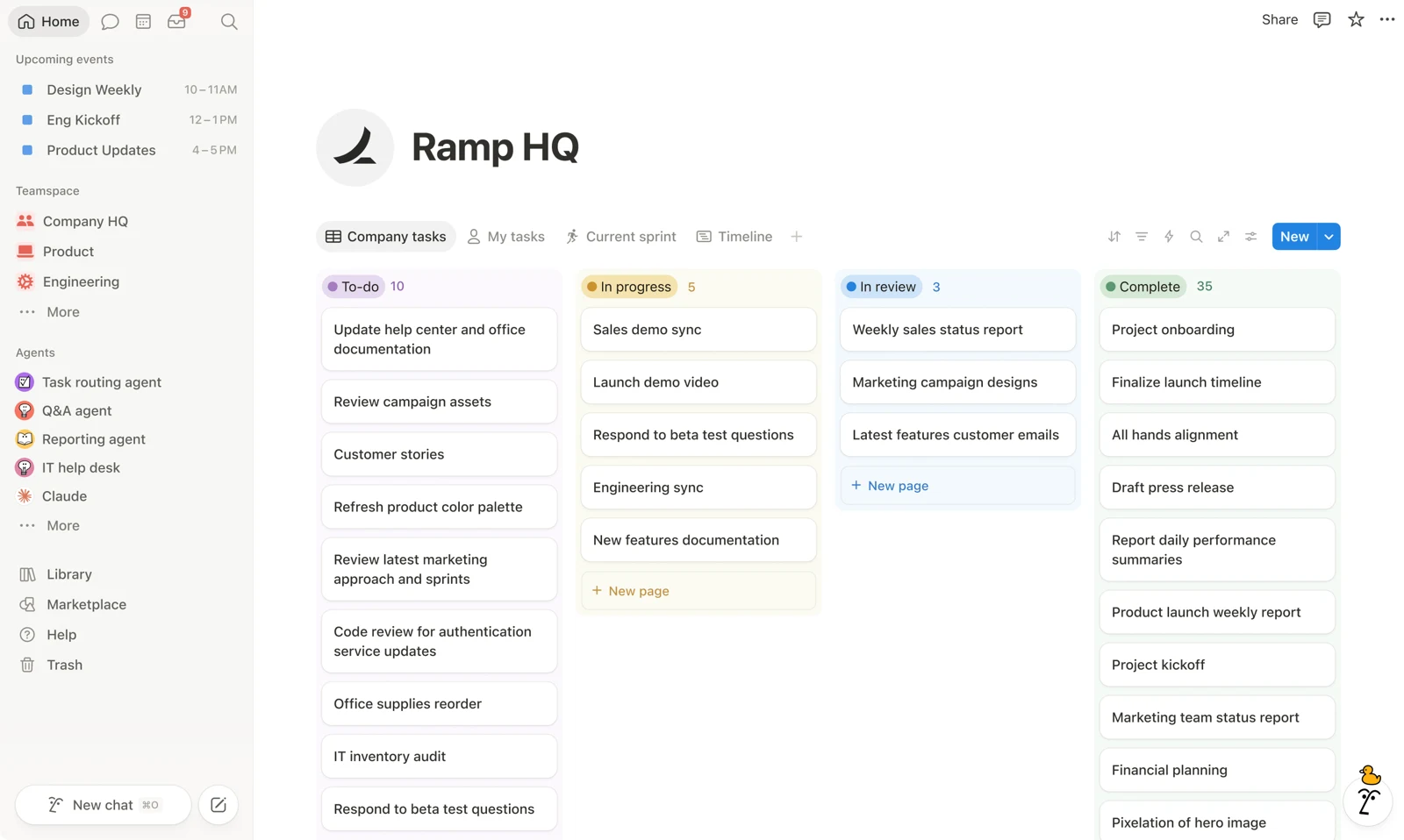 Notion desktop app with the Home sidebar, upcoming events, an Agents list and a Company tasks board with To-do, In progress, In review and Complete columns