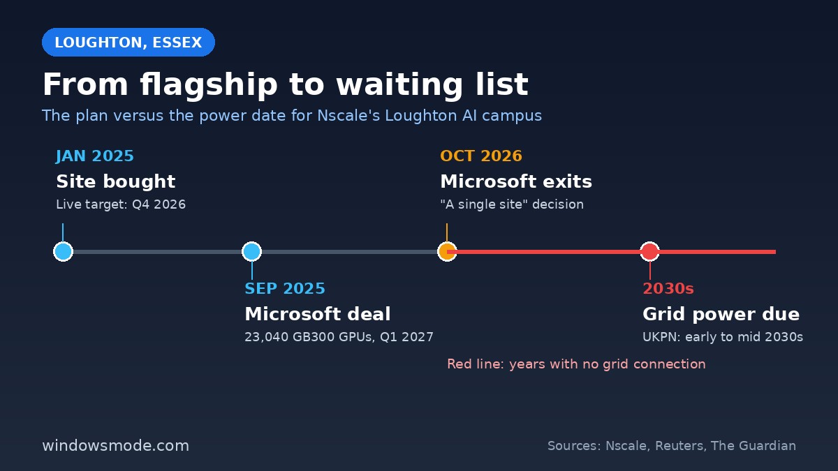 Timeline of Nscale's Loughton AI campus from the January 2025 site purchase to grid power not expected until the 2030s