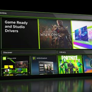 NVIDIA App home screen with drivers, Discover and Library sections