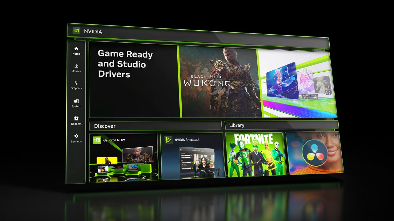 NVIDIA App home screen with drivers, Discover and Library sections