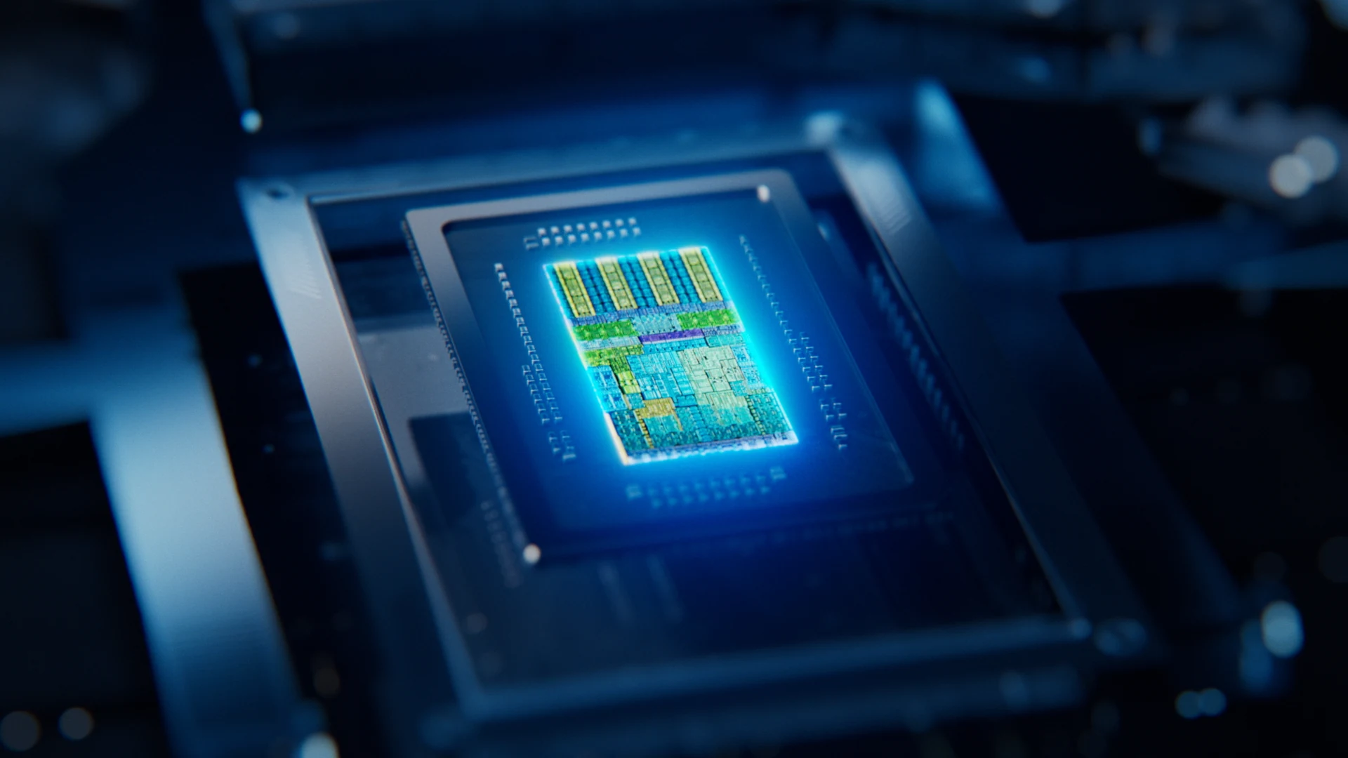 Close-up render of the NVIDIA RTX Spark chip glowing blue on a circuit board