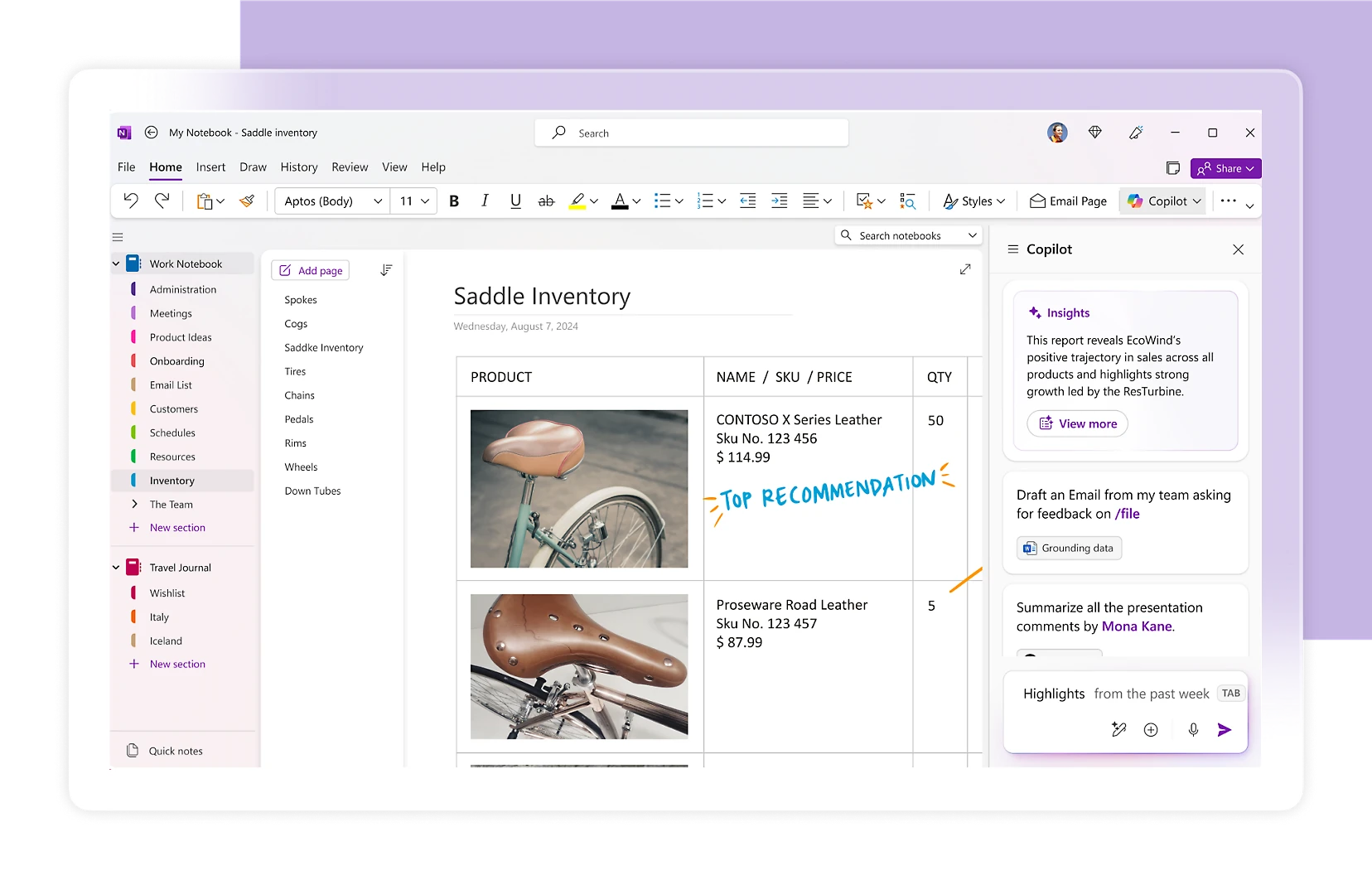 OneNote page with the Copilot pane open on the right, showing an insight summary and suggested prompts next to a product inventory table