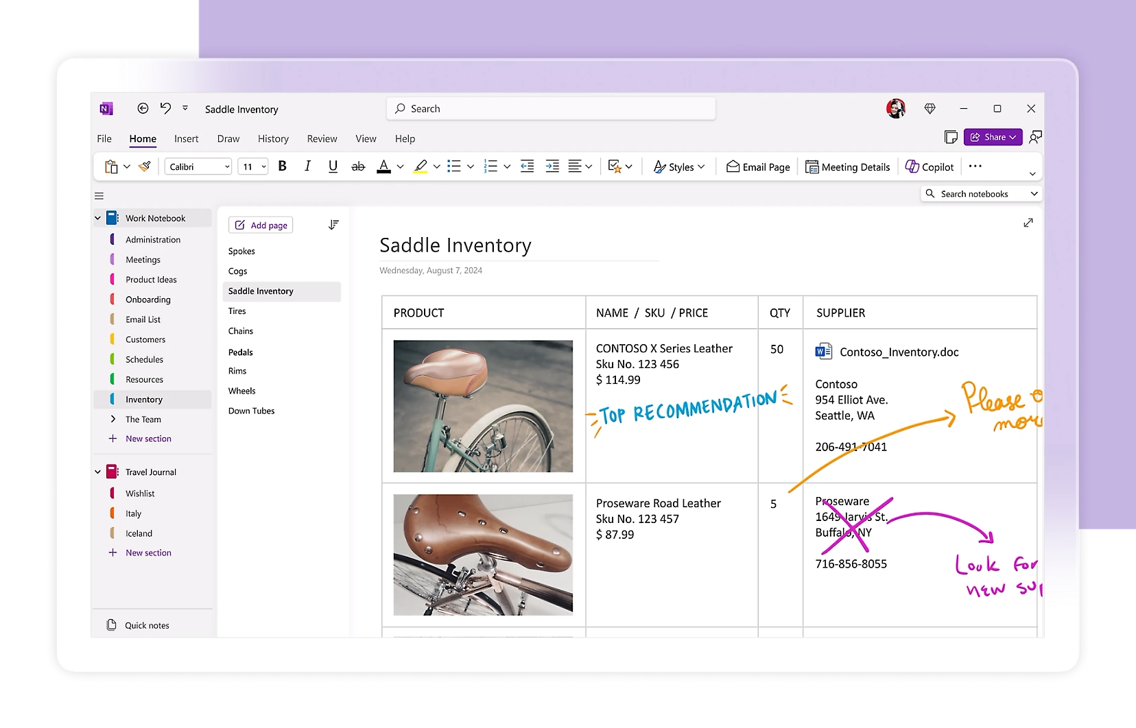 OneNote window on Windows showing a Saddle Inventory page with a product table, bike saddle photos and handwritten ink notes beside the text