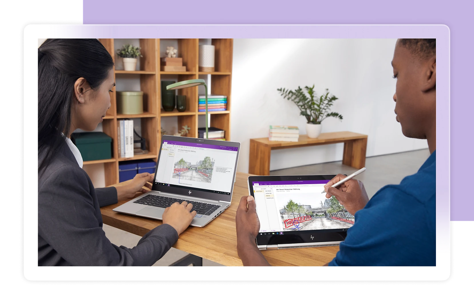 Two people at a desk work on the same OneNote notebook, one on a laptop and one drawing with a pen on a tablet, both showing a bridge sketch