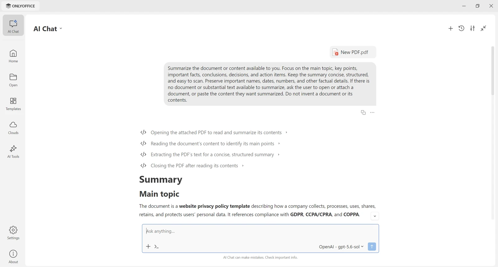 ONLYOFFICE AI Chat reading an attached PDF and writing a summary with the main topic and key points