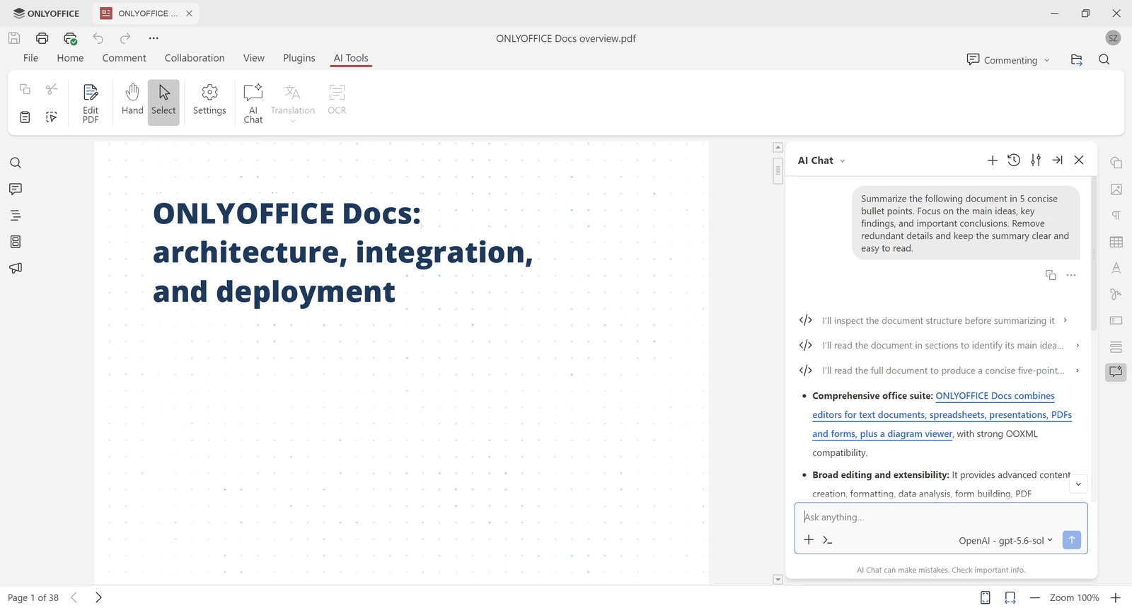 ONLYOFFICE PDF Editor with an AI Chat panel on the right summarizing the open PDF into bullet points