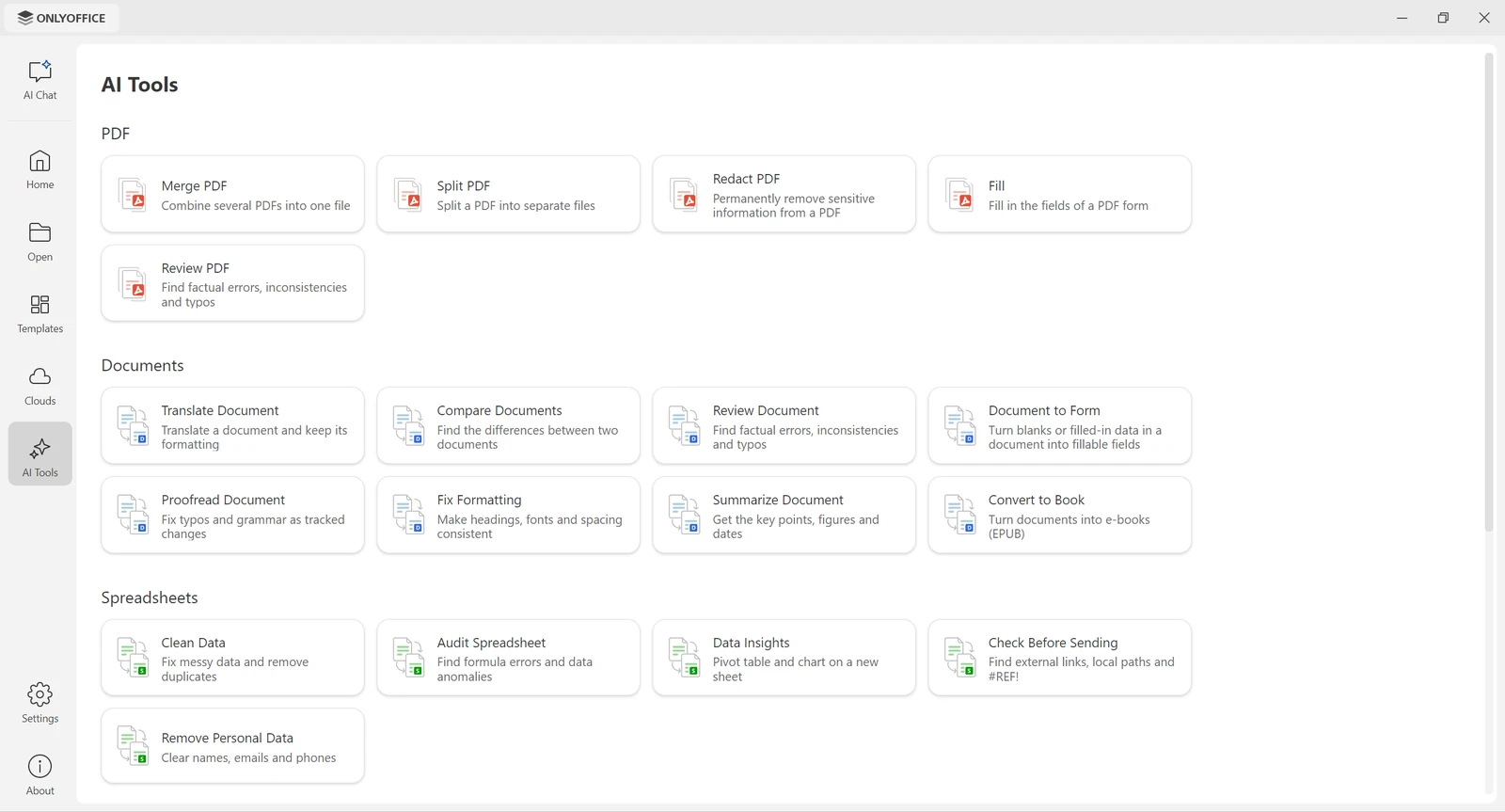 ONLYOFFICE AI Tools panel listing ready-made actions such as Merge PDF, Redact PDF, Translate Document, Compare Documents, Clean Data and Audit Spreadsheet