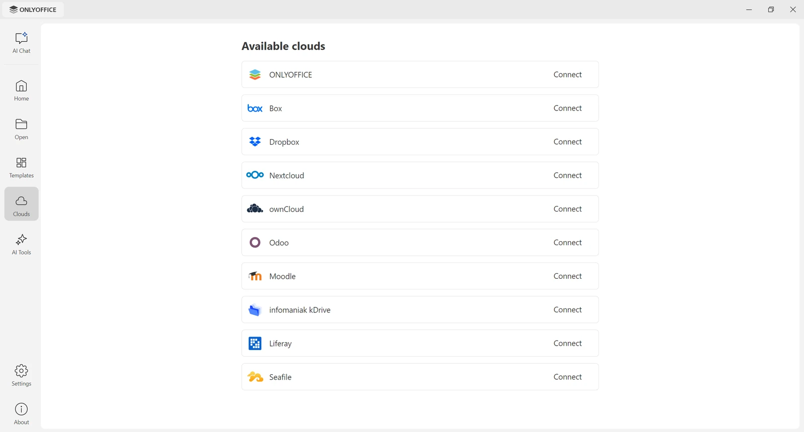 ONLYOFFICE Available clouds list with Connect buttons for ONLYOFFICE, Box, Dropbox, Nextcloud, ownCloud, Odoo, Moodle, kDrive, Liferay and Seafile