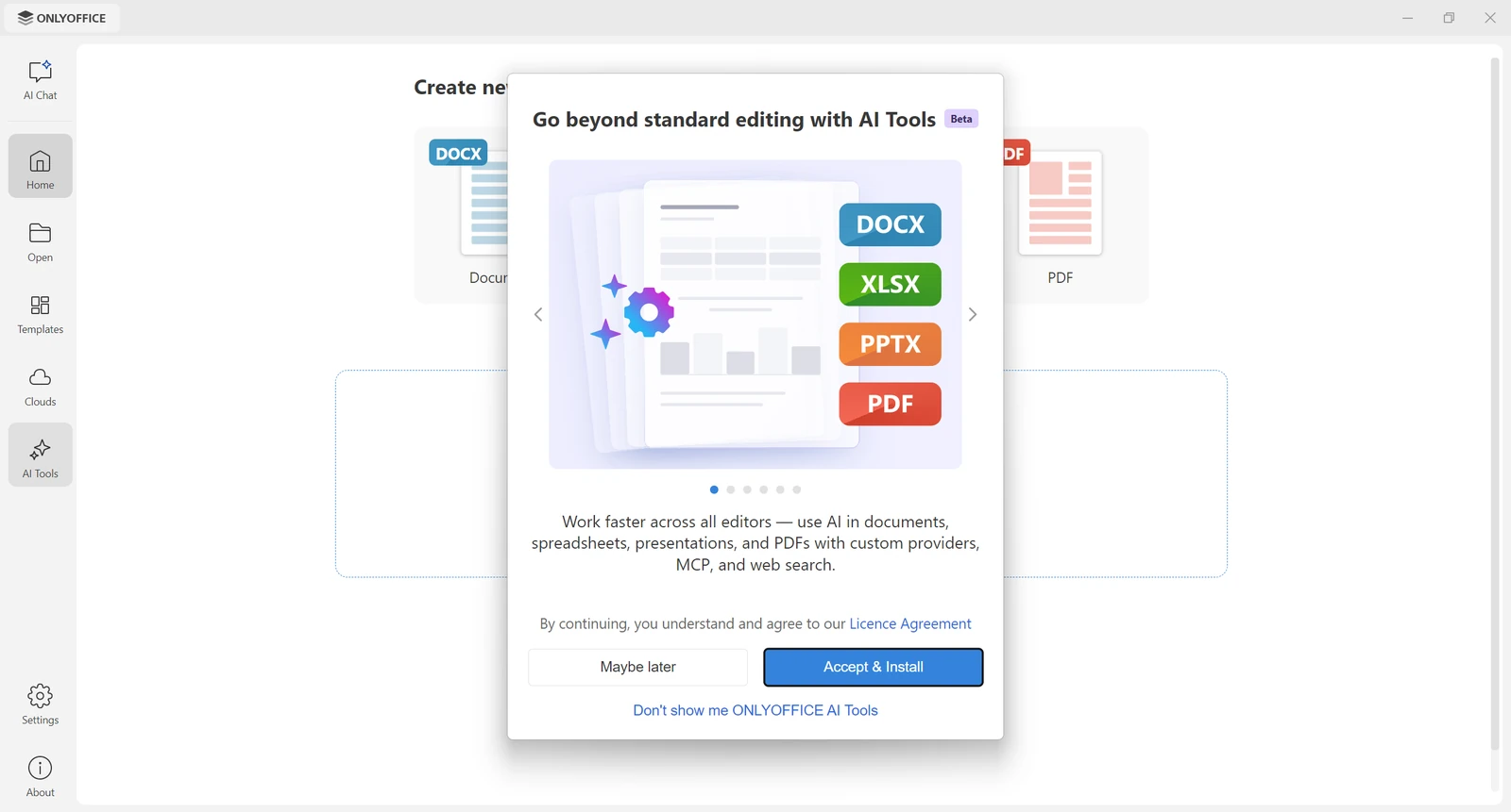 ONLYOFFICE prompt titled Go beyond standard editing with AI Tools, with Maybe later and Accept and Install buttons
