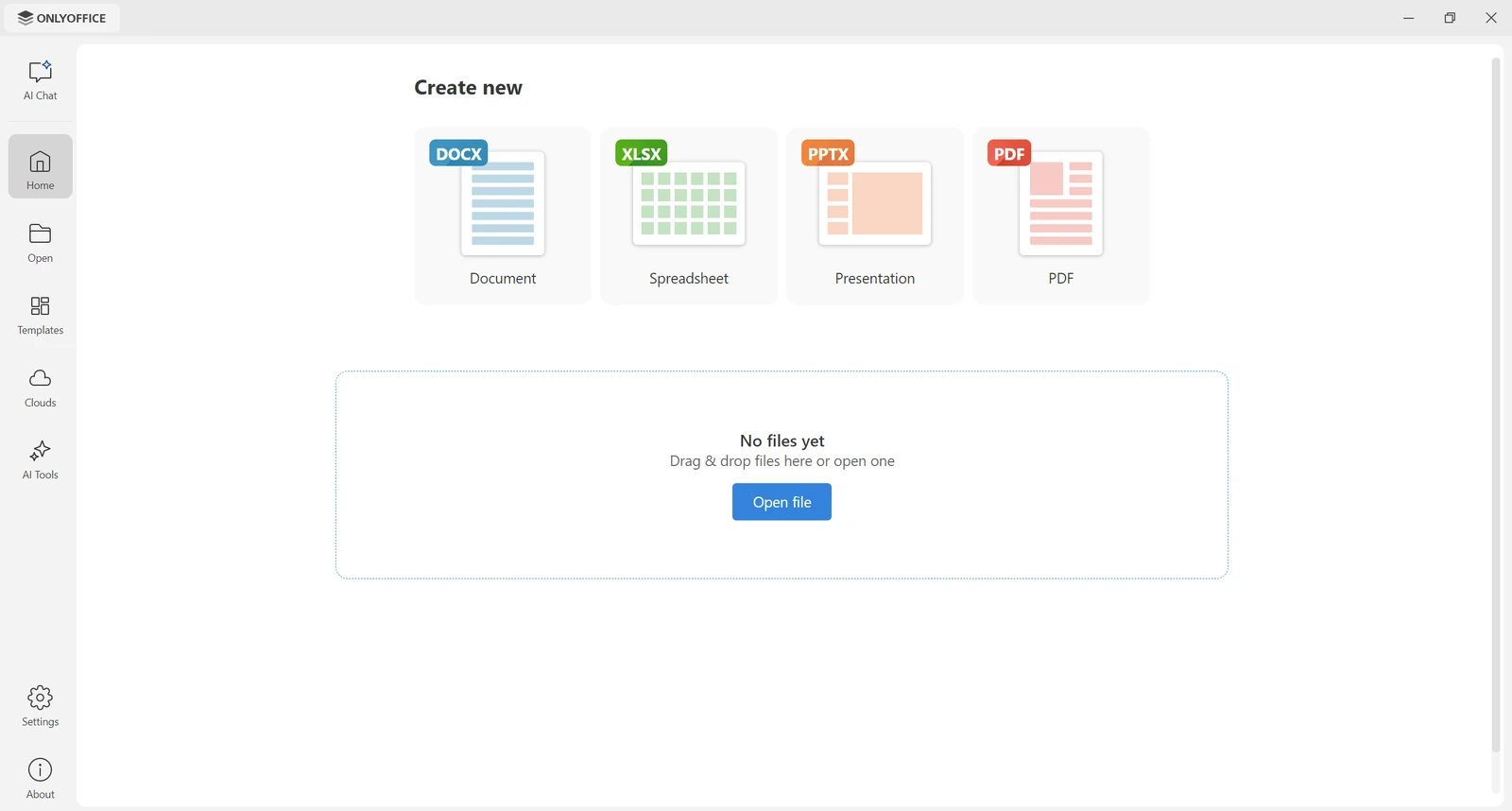 ONLYOFFICE Desktop Editors start window with buttons to create a new document, spreadsheet, presentation or PDF and a left sidebar with AI Chat, Templates, Clouds and AI Tools