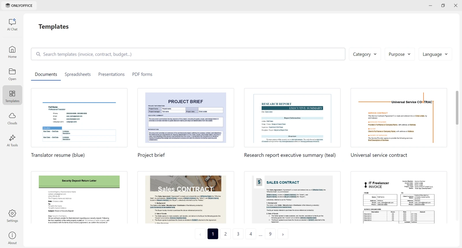 ONLYOFFICE Templates section with a search box and online templates such as a resume, project brief, research report and service contract
