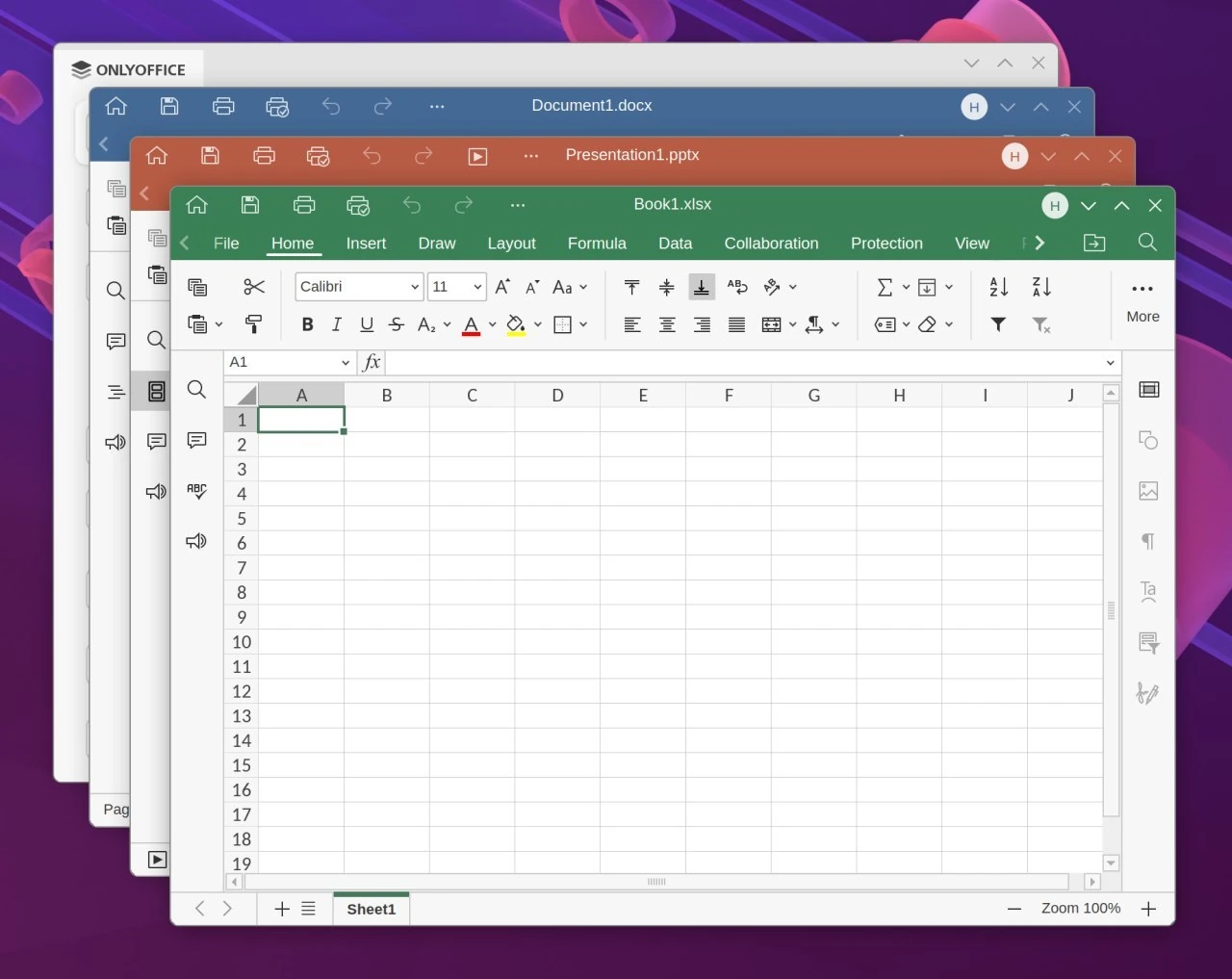 Three ONLYOFFICE Desktop Editors windows on a Windows desktop: a document, a presentation and a spreadsheet stacked on top of each other