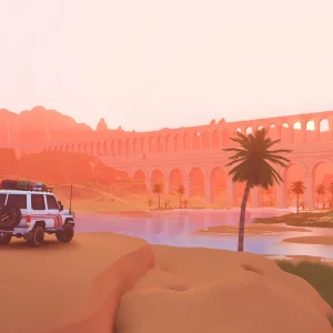 A white 4x4 drives past palm trees toward an old stone aqueduct in a desert canyon at sunset