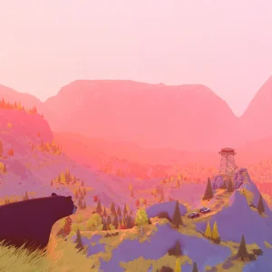 A bear stands on a ridge at sunset looking across a pink valley toward a wooden fire lookout tower