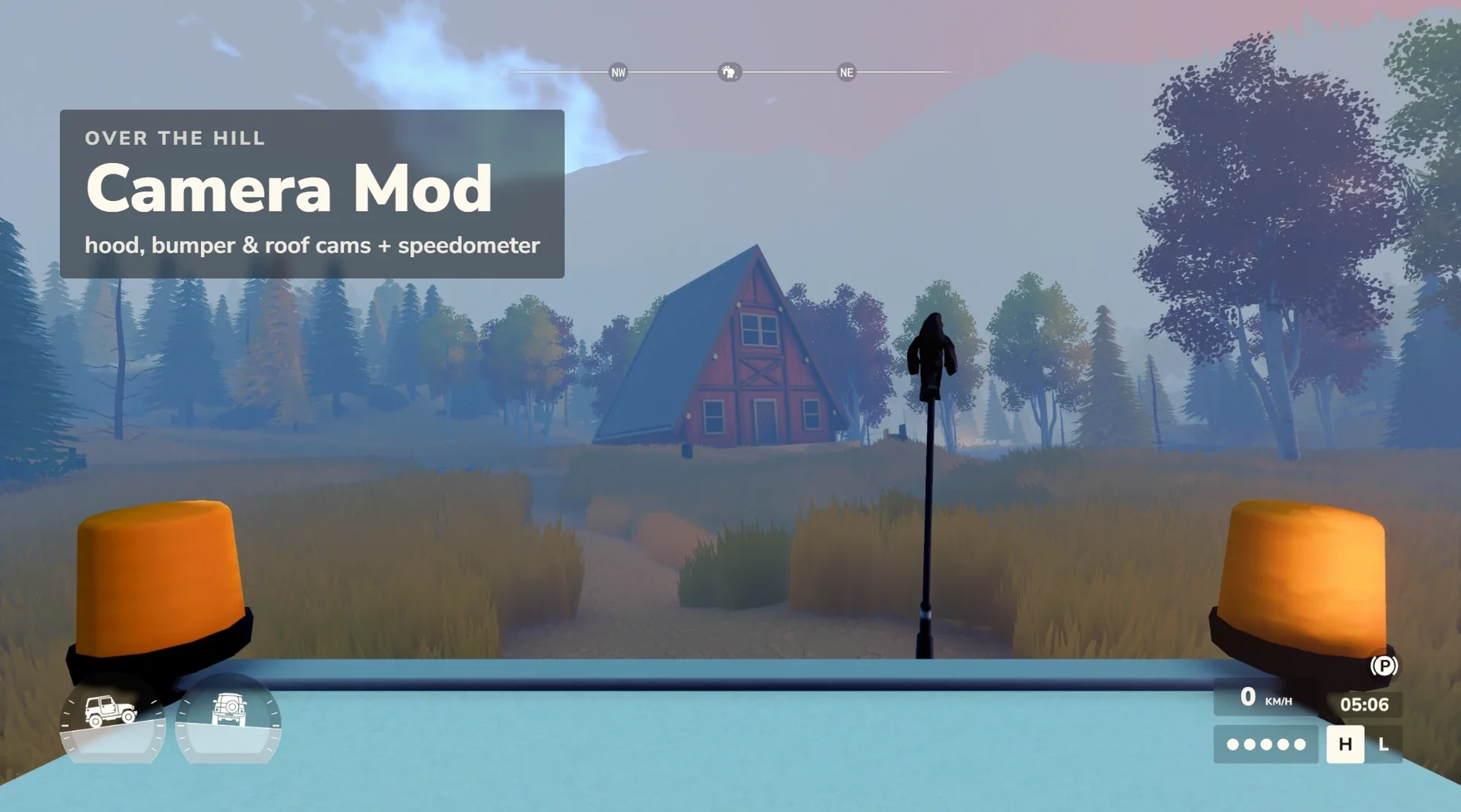 Hood camera view from the Camera Angles and Speedometer mod, looking over an orange bonnet at a cabin by a lake