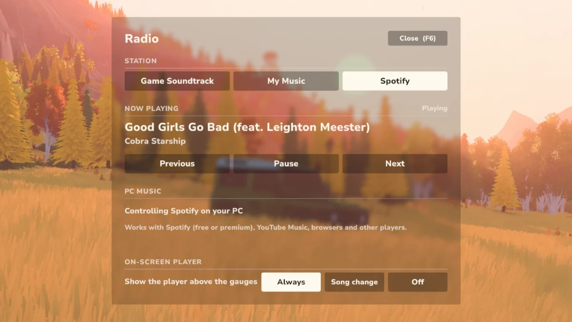 The Custom Music Player mod radio menu with Game Soundtrack, My Music and Spotify stations over an autumn scene