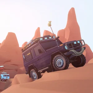 A dark 4x4 with a winch and a small mascot on its antenna climbs a steep sandstone slope as a van follows