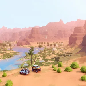 Two 4x4s drive past palm trees along a green river through red desert cliffs