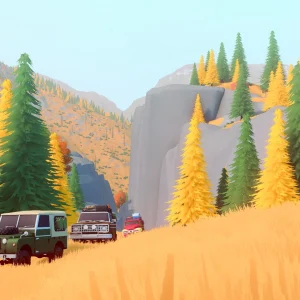 A green classic 4x4 leads a line of off-roaders through golden grass and pine forest below a cliff