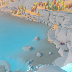 High view of 4x4s winding over grey rock slabs beside a bright blue lake and autumn forest