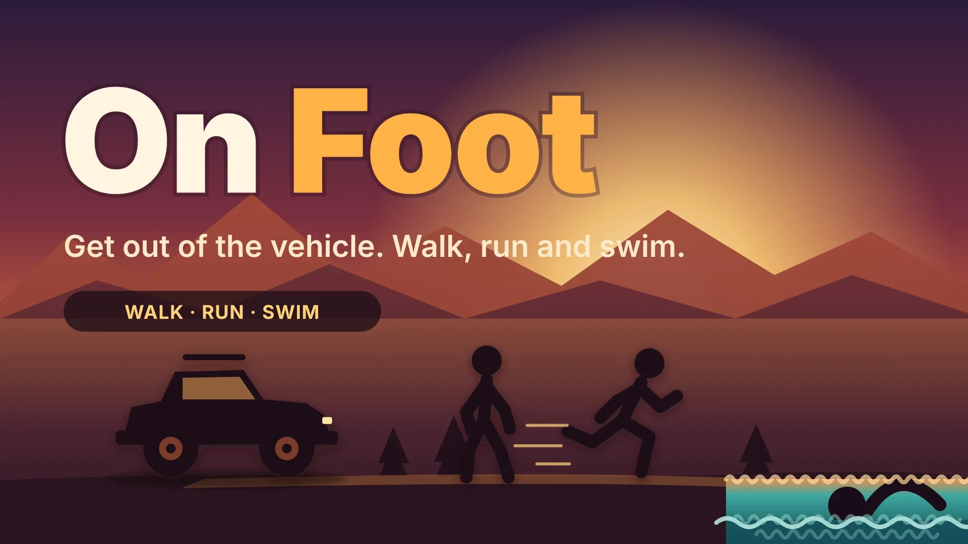 Banner for the On Foot mod showing a parked 4x4 and figures walking and running, with the words walk, run and swim