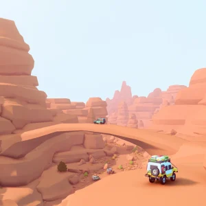 A small 4x4 drives toward a natural stone arch through orange sandstone rocks
