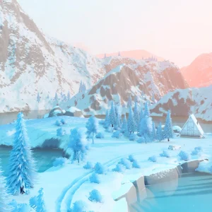 A snowy mountain valley with frosted pine trees and a winding trail beside an icy blue lake