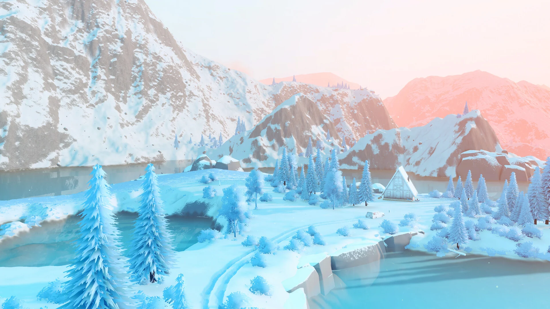 A snowy mountain valley with frosted pine trees and a winding trail beside an icy blue lake