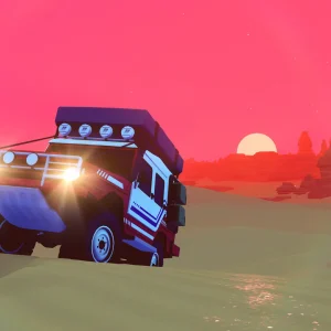 A blue 4x4 with roof lights on drives over a grassy hill under a deep red sunset