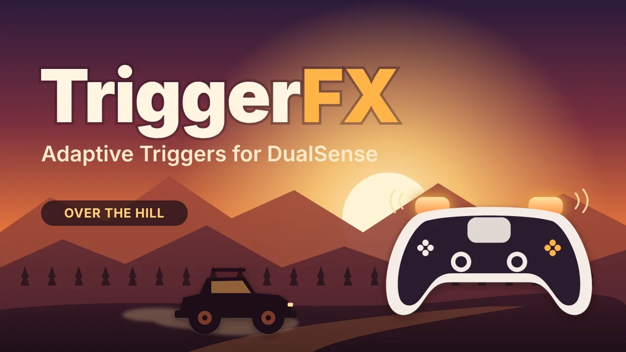 Banner for the TriggerFX mod showing a DualSense controller beside a 4x4 silhouette at sunset