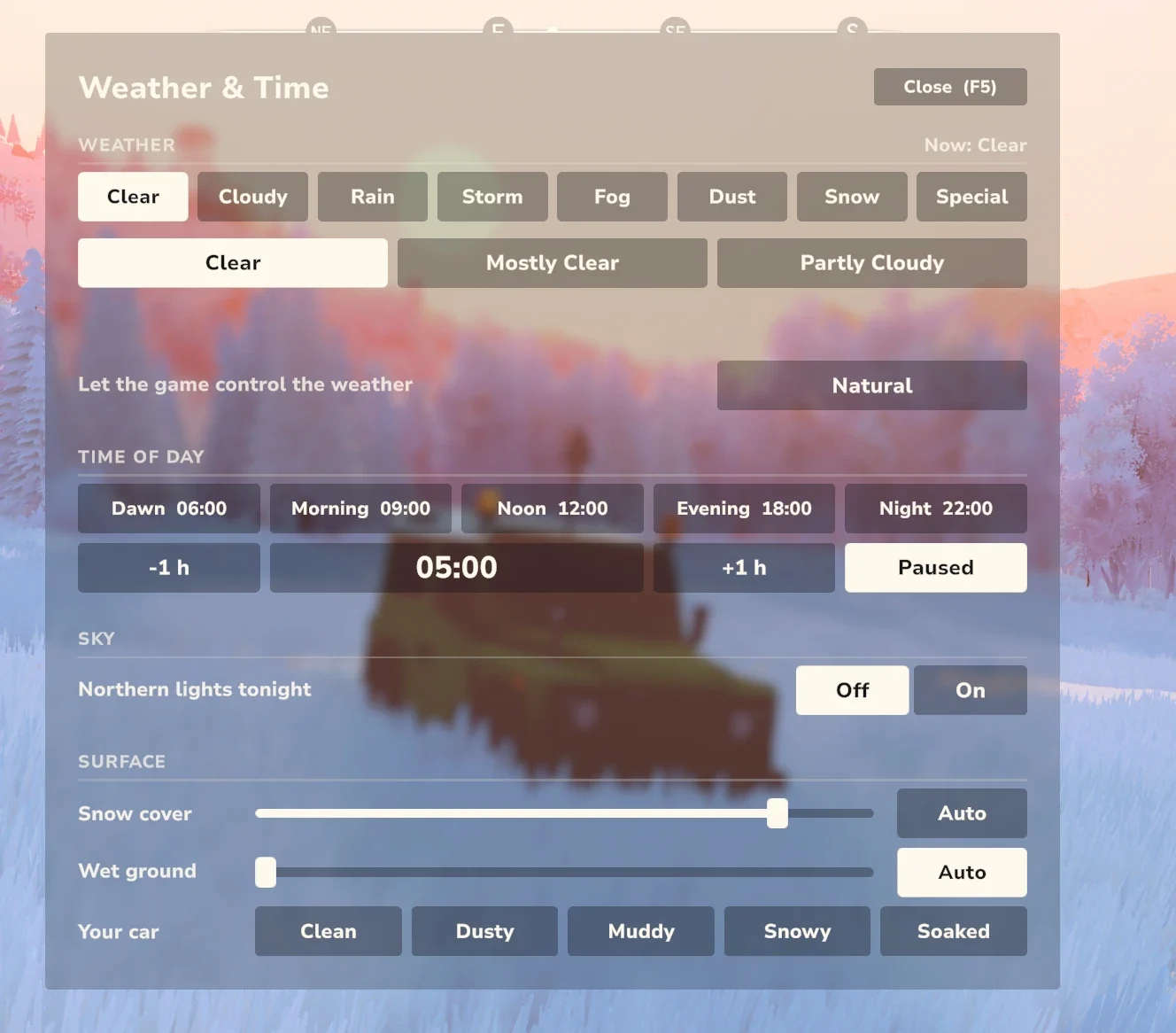 The Weather and Time Control mod menu with buttons for weather types, time of day and northern lights