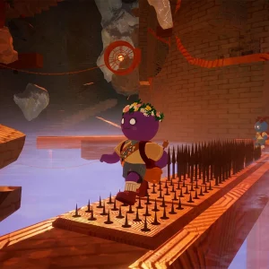 A scout in a flower crown walks along a narrow wooden walkway covered in spikes inside a brick castle over water