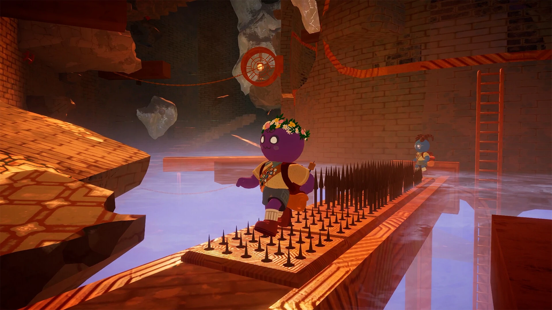 A scout in a flower crown walks along a narrow wooden walkway covered in spikes inside a brick castle over water