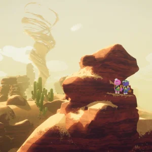 Two scouts sit on top of a red rock pillar in a sandy desert while a tornado spins in the distance
