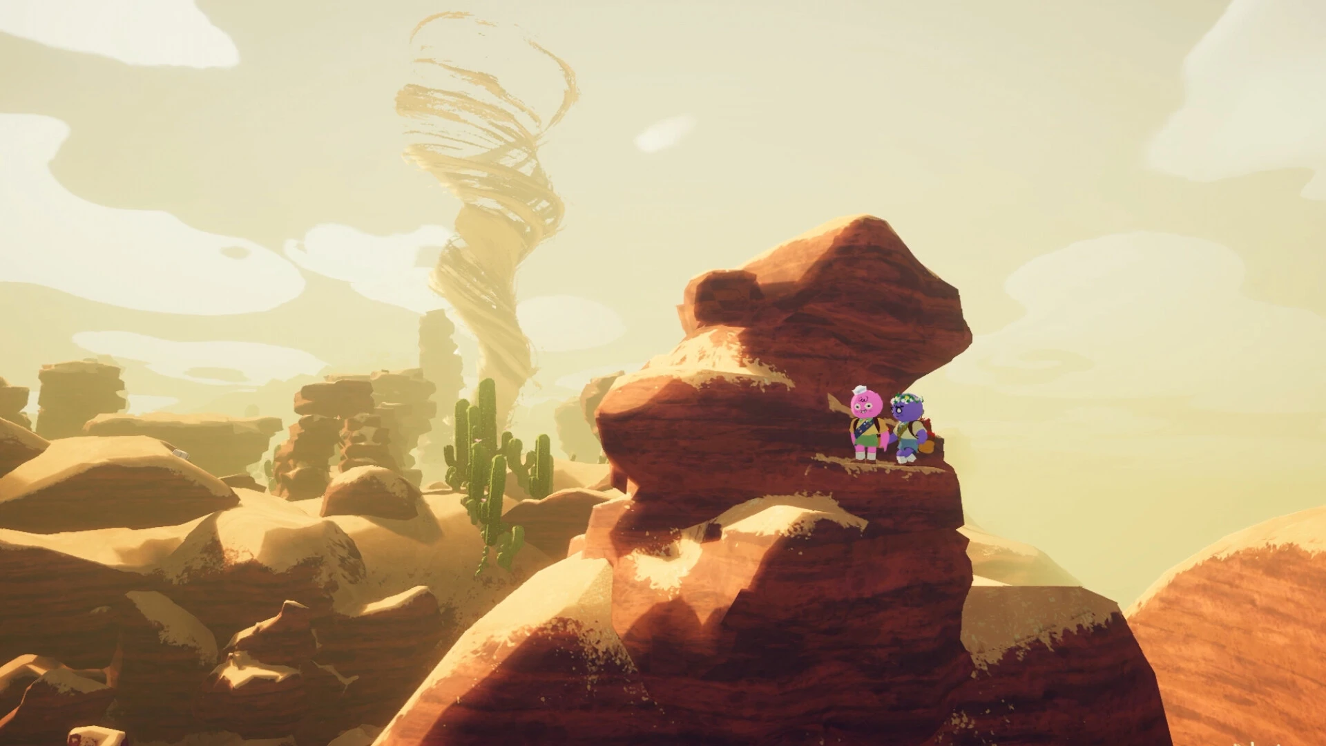 Two scouts sit on top of a red rock pillar in a sandy desert while a tornado spins in the distance
