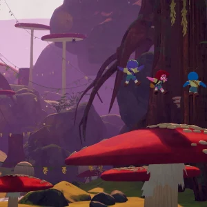 Scouts climb a dark tree trunk above giant red mushrooms in the Roots forest