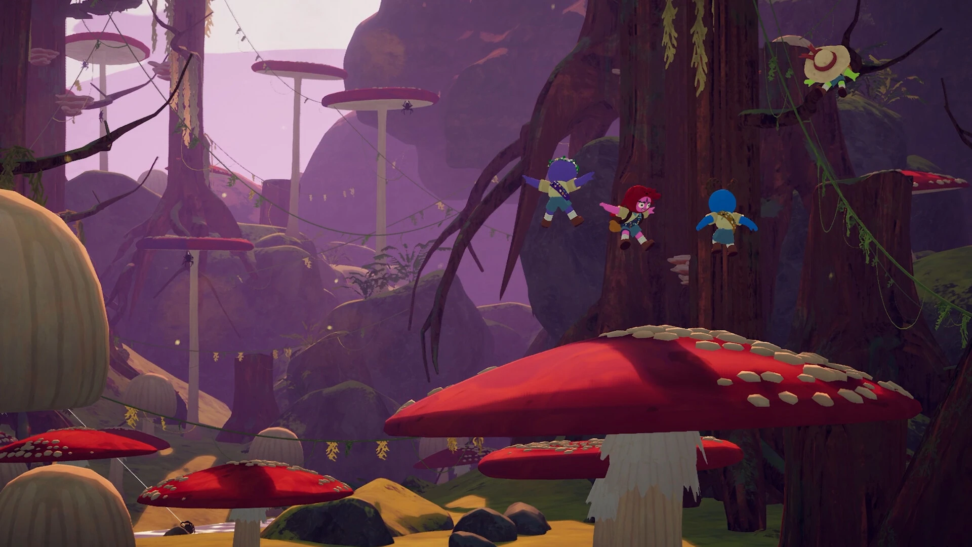 Scouts climb a dark tree trunk above giant red mushrooms in the Roots forest
