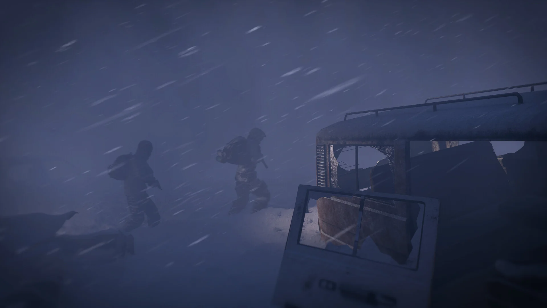 Two survivors push through a dark blizzard past a snow-buried bus with broken windows