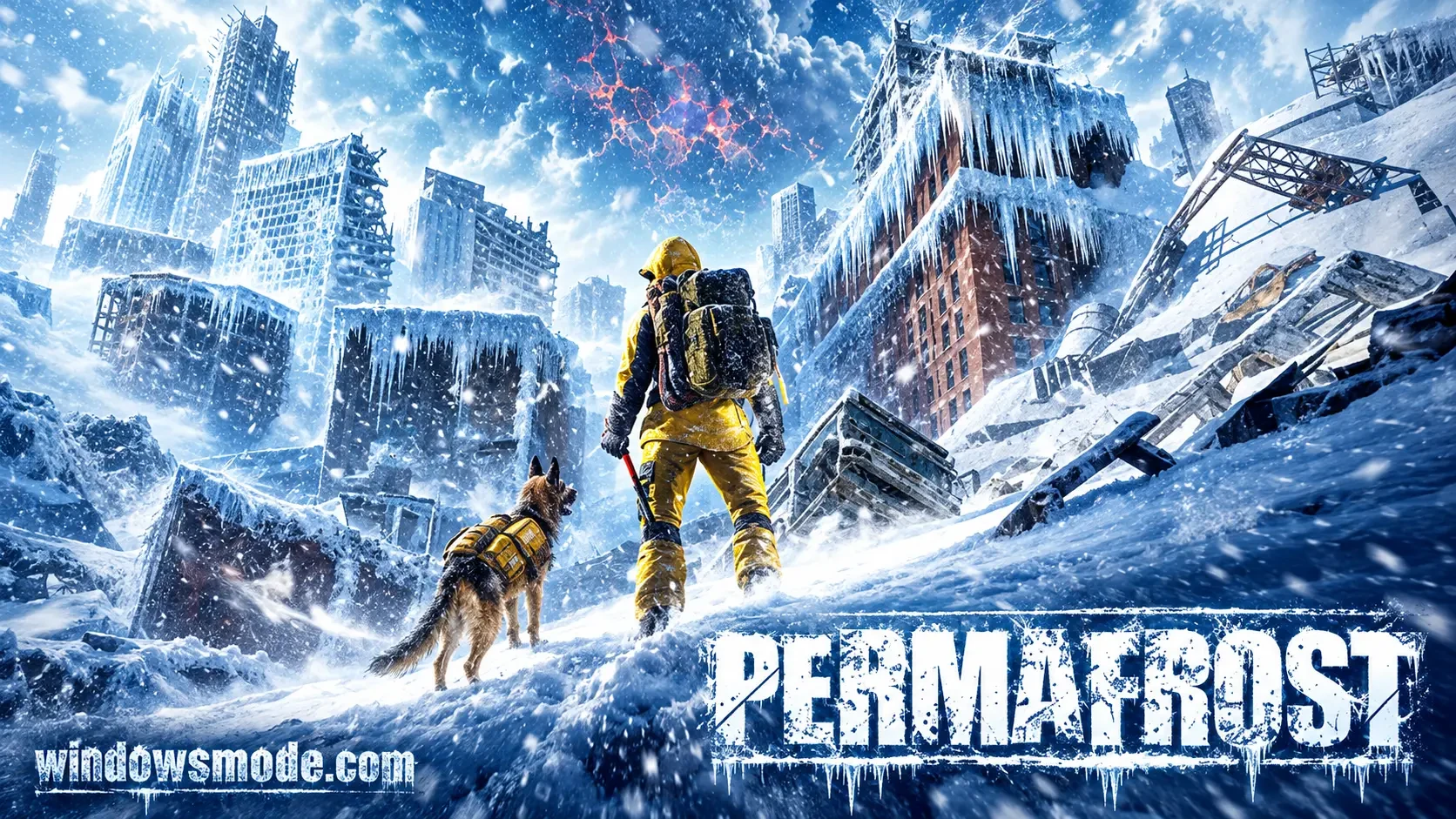 A survivor in a yellow snow suit and a German shepherd in a matching vest climb a snowy slope through an ice-covered ruined city, beside the Permafrost title