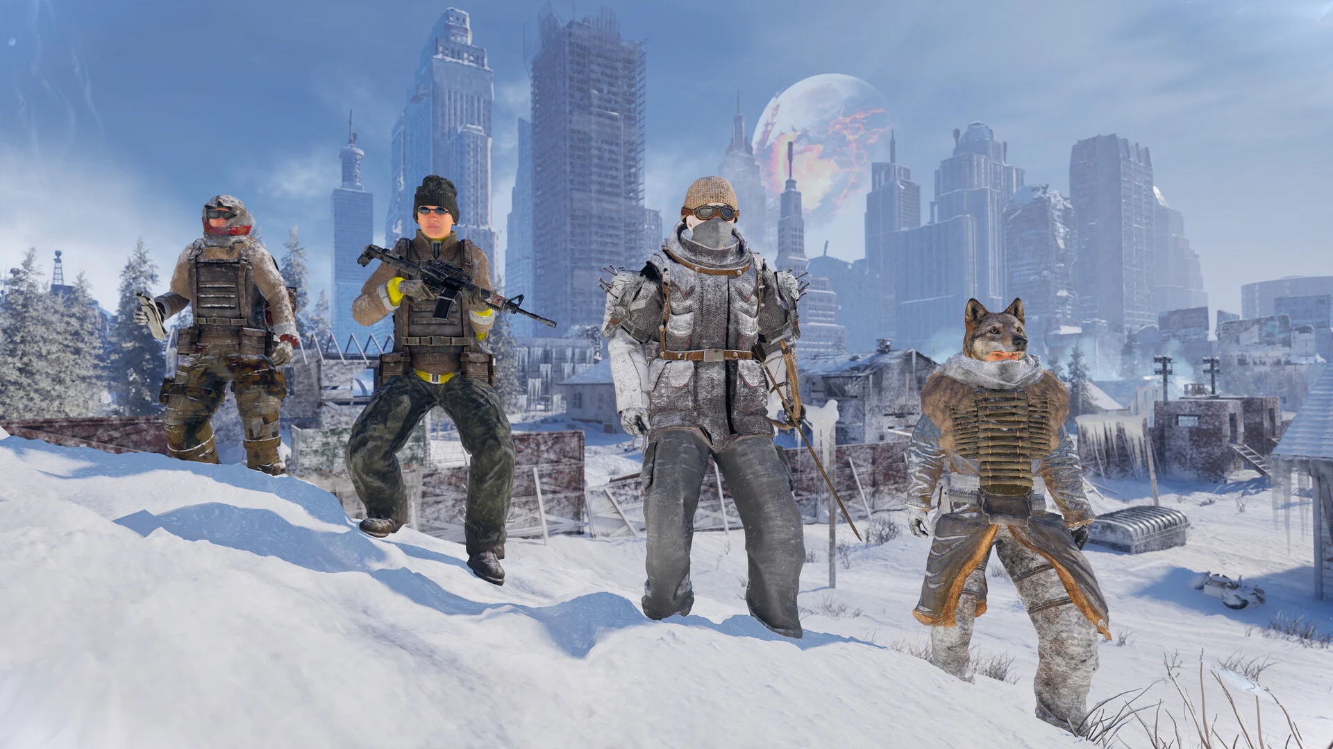 Four survivors in winter gear with rifles stand with a husky in front of a frozen city skyline and a cracked moon