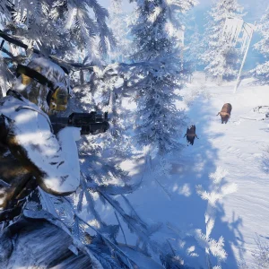 Over-the-shoulder view of a survivor aiming a rifle at a boar between snow-covered pine trees
