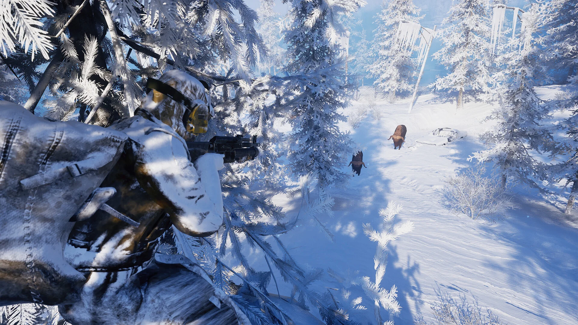 Over-the-shoulder view of a survivor aiming a rifle at a boar between snow-covered pine trees