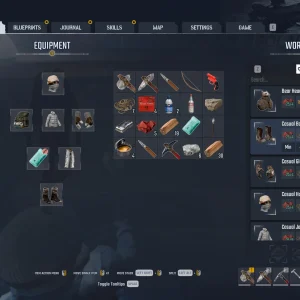 The Permafrost inventory screen with clothing slots, a backpack grid of items, body temperature stats and a workbench crafting list