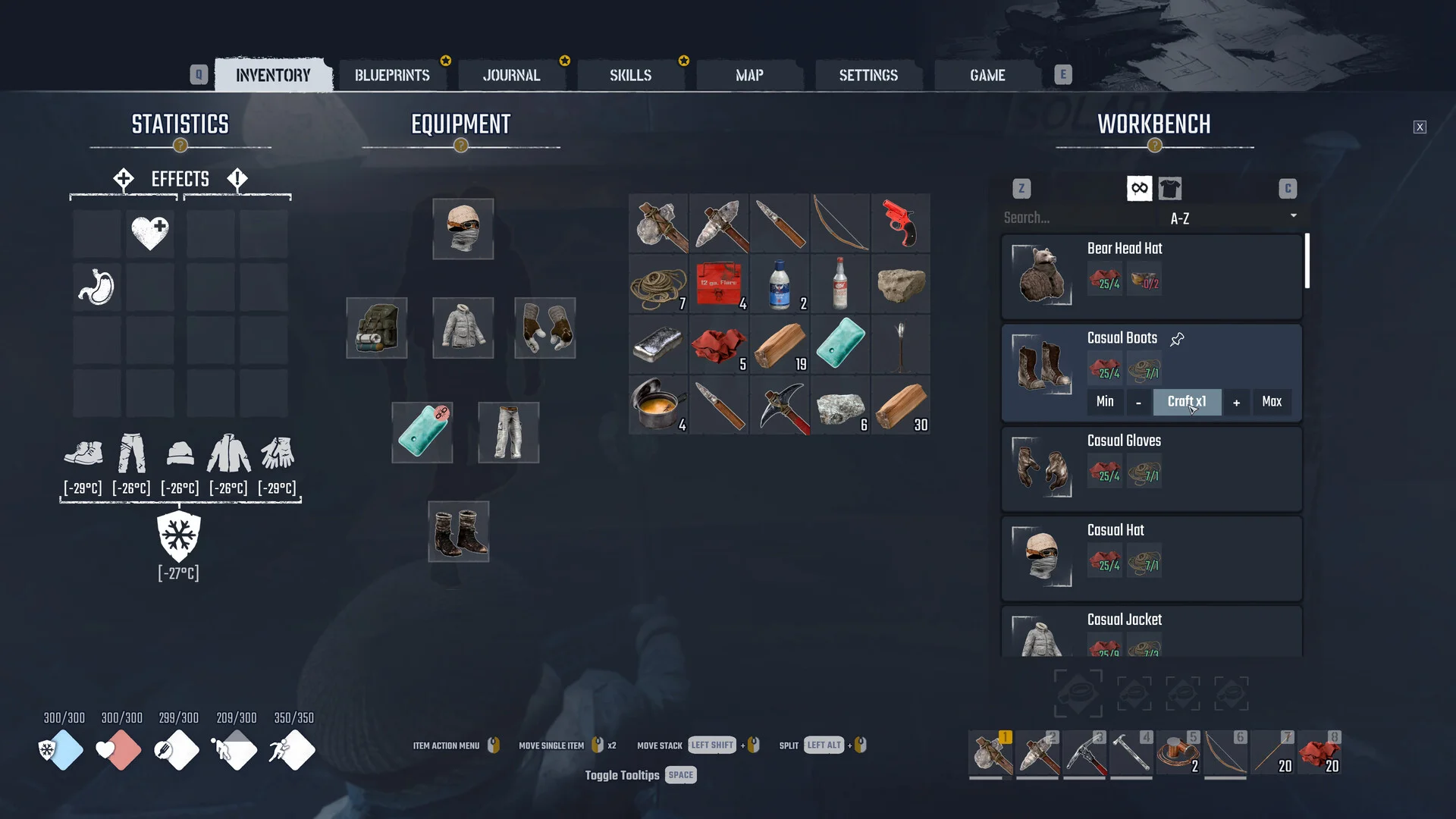 The Permafrost inventory screen with clothing slots, a backpack grid of items, body temperature stats and a workbench crafting list