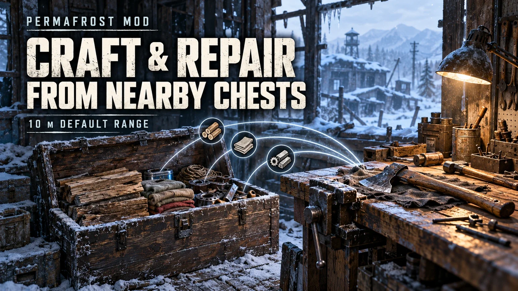 Banner for the Craft and Repair From Nearby Chests mod showing open wooden chests of materials next to a workbench