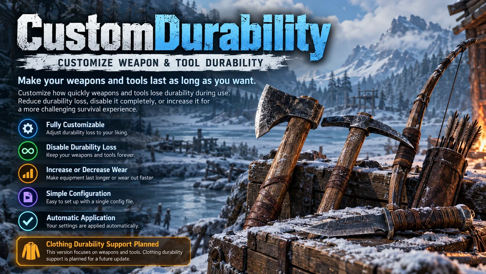 Banner for the Custom Durability mod showing an axe, pickaxe, bow and knife in the snow beside a list of settings
